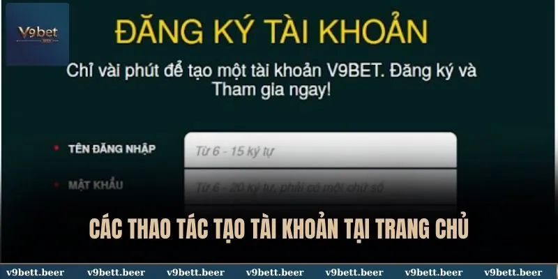 Các thao tác tạo tài khoản tại trang chủ